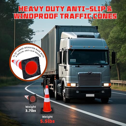 8 Pack 28 Inch Traffic Safety Cones Orange Parking Cones with Reflective Collars Heavy Duty Black Base Construction Cone Structurally Stable for Road Warning Parking Lot Public Place Traffic Control