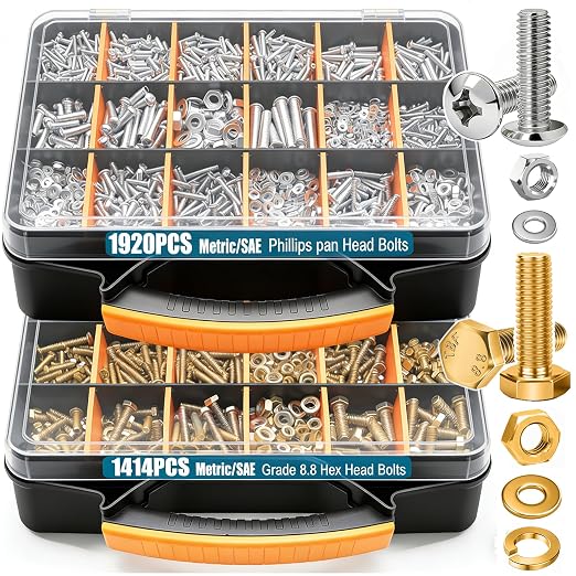 Taiss 3334PCS Nuts and Bolts Assortment Kit SAE & Metric Phillips Head Bolts and Grade 8.8 Metric Hex Bolt Set,39 Sizes Hardware Assortment Kit with Assorted,Matching Nuts and Washers