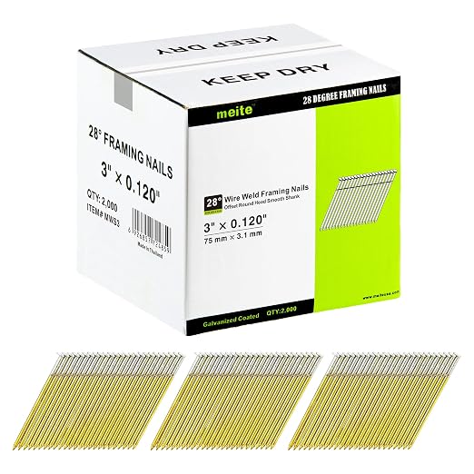 meite 28 Degree Framing Nails 3 Inch Galvanized Offset Round Head Wire Weld Collated Nails for Framing Nailer Gun, Smooth Shank Structural Framing Nails for Construction 2,000PCS | Offset Full Round Head Smooth Shank, Rust-proof, Fits Pneumatic Cordles...