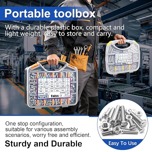 Taiss Nuts and Bolts Assortment Kit SAE & Metric Phillips Head Bolts Kit 780PCS +1491PCS,and 760PCS SAE Hex Bolts Set with Nuts & Washers,304 Stainless Steel/Carbon Steel Hardware Assortment Kit