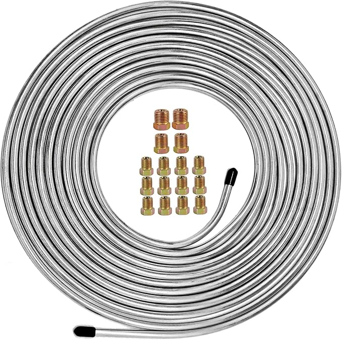 MuHize Brake Line Kit 25 ft 1/4" - Upgraded Zinc-Coated Flexible Brake Tubing Roll with Rustproof & Corrosion Protection - Include 16 Inverted Flare Fittings for Car, Truck, Auto Brake System Repair