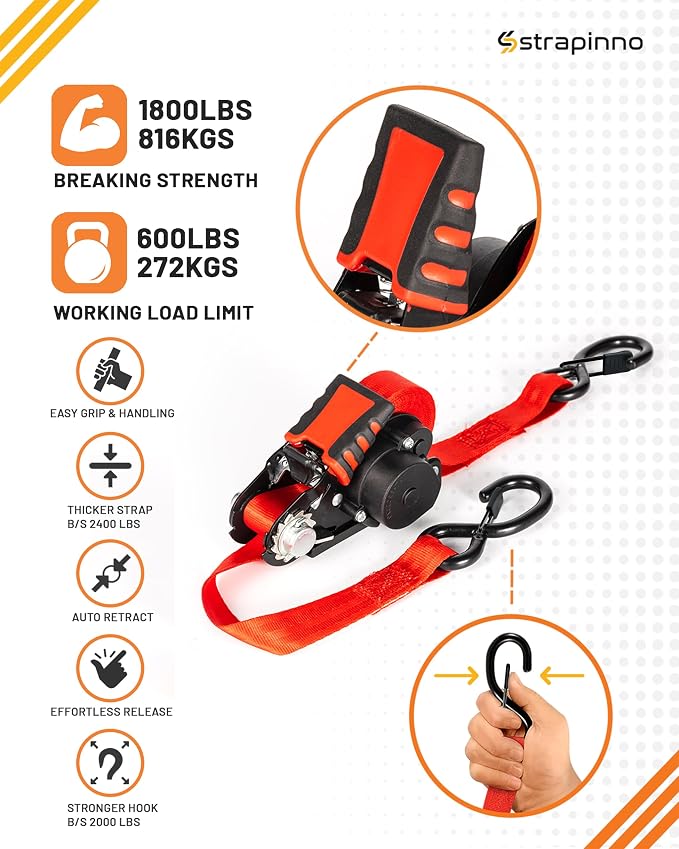 Strapinno Retractable Ratchet Straps - 1 in x 12 ft Heavy Duty Tie Downs, 1800lbs Breaking Strength Each, S Hooks with Safety Clip, AutoRetract, for Moving, Motorcycle, Boat, Kayak, and Cargo (2-Pack)