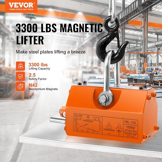 VEVOR Magnetic Lifter, 3300lbs/1500kg Pulling Capacity, 2.5 Safety Factor, Neodymium & Steel, Lifting Magnet with Release, Permanent Lift Magnets, Heavy Duty Magnet for Hoist, Shop Crane, Block, Board