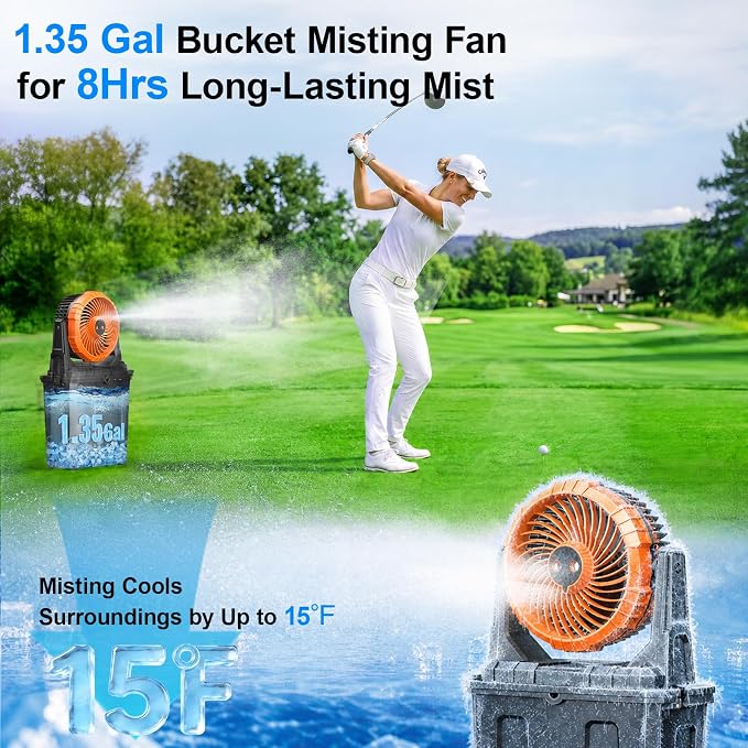 Ausic 1.35 Gal Portable Misting Fan, Outdoor Fans for Patios, [Max 30H] Rechargeable Battery Operated Fan, Bucket Mister Water Cooling Fan for Camping/Travel/Beach, 2 Large Spray Outlets