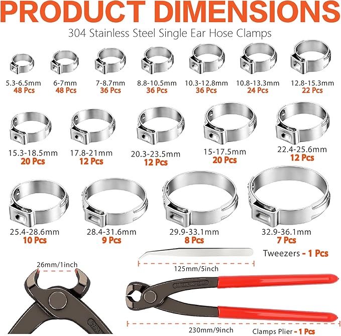 360PCS Stepless Single Ear Hose Clamp Kit - 16 Sizes 5.3-36.1mm (1/4"-1-3/8") 304 Stainless Steel Rustproof Leak-Proof Clamps with Pliers for Automotive Fuel Line, PEX Pipe, Marine & Home Plumbing