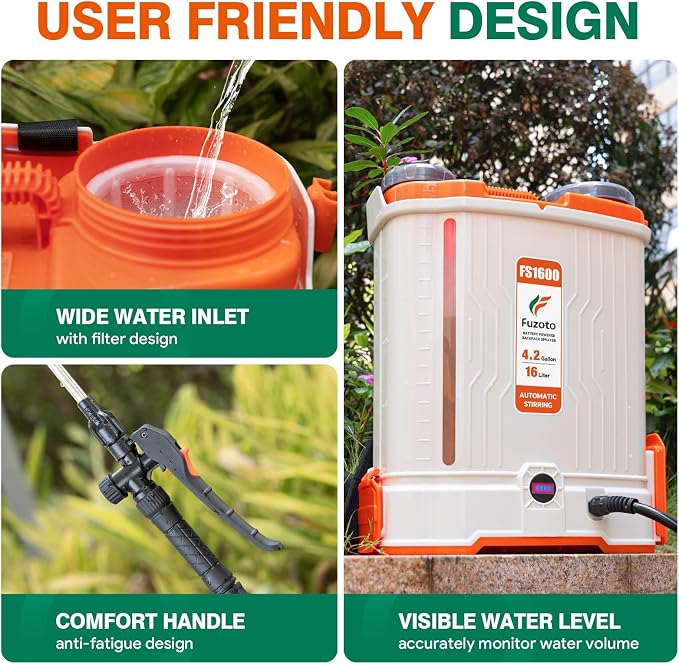 4.2 Gallon Battery Powered Backpack Sprayer for Lawn, Garden, Yard | Built-in Mixing System,45-90PSI Adjustable Pressure,6 Hours Long Battery Life,6 Spray Nozzles,39" Telescopic Wand