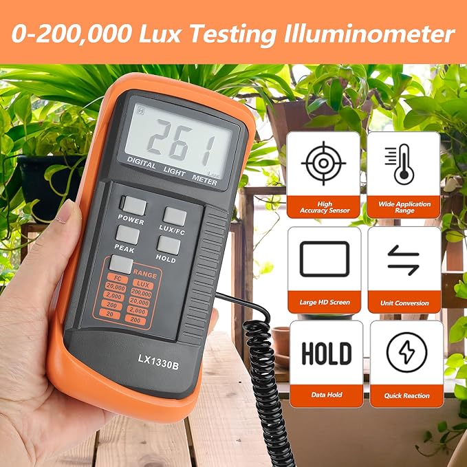 Walfront Light Meter for Plants Lux Meter Meter 0-200,000 Digital Luxmeter LX1330B LCD Display Illuminance Luminometer Lux and FC Switchable