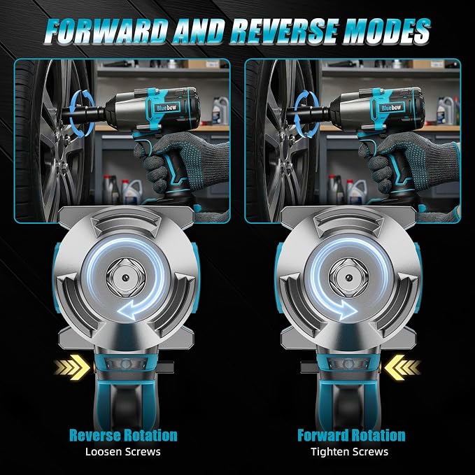 Bluebow Cordless Impact Wrench, 737.5 ft-lbs (1000 N·m) Brushless Impact Wrench with 2x4.0Ah Battery, 1/2" 3-Speed Modes Impact Gun with 4 Sockets for Pickup, Truck, Home Car