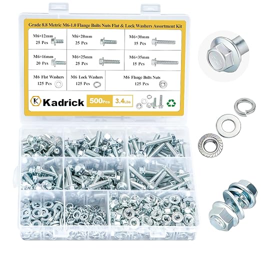 Kadrick 500Pcs Flange Hex Bolts and Nuts Kit,M6 x1.0 （M8 x1.25 M10-1.25 Available） (12mm to 35mm) Metric Bolt Assortment,Alloy Steel Class 8.8 Zinc Plated