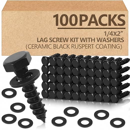 Tandefio 100 Pack 1/4''x 2'' Hex Head Lag Bolts for Wood Ceramic Black Lag Screw Kit with Washers Heavy Duty Hot Dip Galvanized Coating Double Layer for Decks Fences