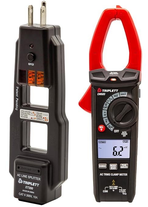 Triplett CM600 True RMS 6000 Count 600A AC Clamp Meter and ET200 AC Line Splitter and GFCI Outlet/Receptacle Tester