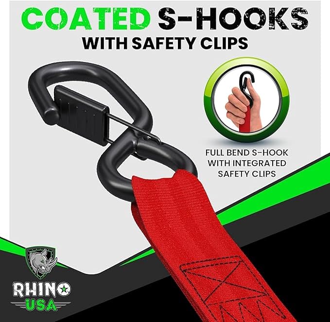 Rhino USA Retractable Ratchet Straps (4-Pack) - 1 Inch x 10 Feet (1,209lb Break Strength) - Auto Self Retracting Tie Down Straps for Truck, Cargo Trailer, Motorcycle, ATV, UTV - Red