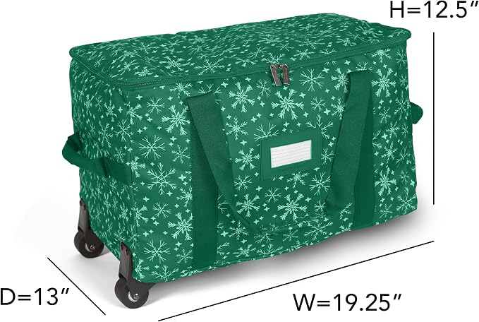 Covermates Keepsakes Rolling Treasurekeeper Storage Bag – Heavy-Duty Polyester with Dual Wheels & Handles – Protects Holiday Decorations with ID Window & Dual Zipper Access, Green Snowflake