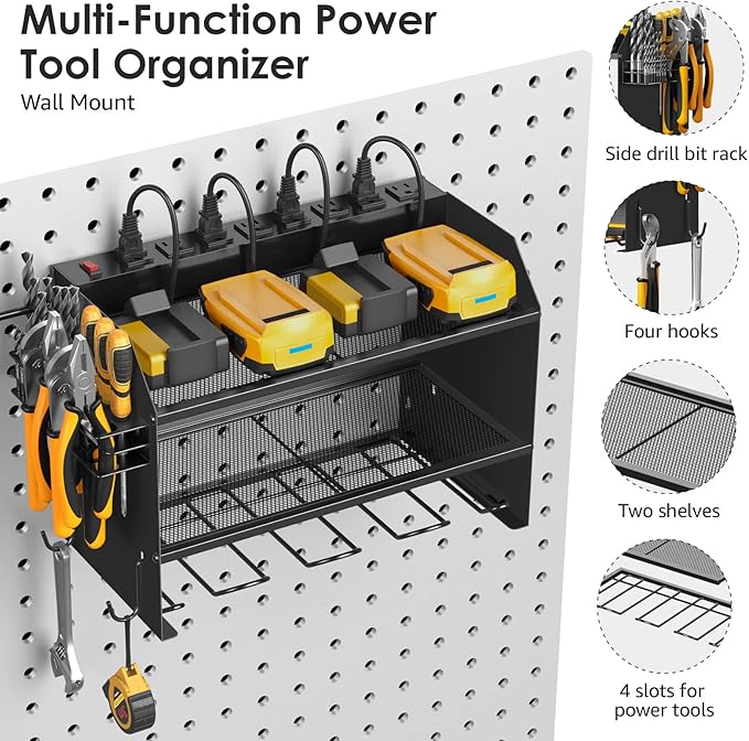 CCCEI Wall Mount Modular Tool Charging Organizer, Black, 1 Pack, 3 Tier. | Drill Battery Storage Rack with Hooks, Garage Workshop, Gifts for Men, Dad, Husband Anniversary, Birthday, Christmas