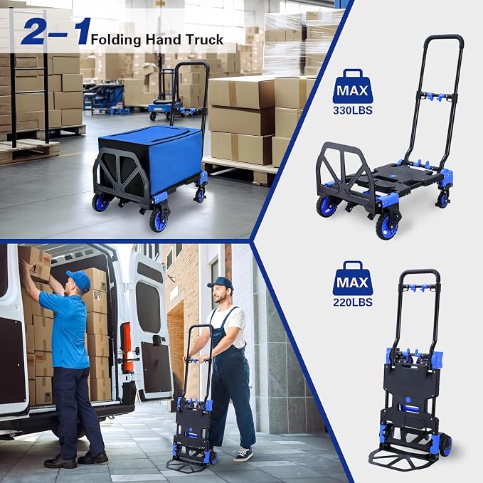 2-1 Folding Hand Truck Dolly,330LBS Capacity Dolly Cart,Foldable Dolly Hand Truck with Retractable Handle and 4 Rubber Wheels,Hand Cart Foldable for Luggage/Travel/Office/Moving