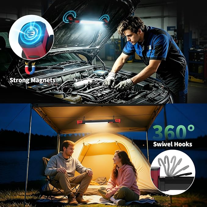 Underhood Magnetic Work Light for Mechanics, 4 Modes 2700K-6500K LED, 7800mAh 12H Battery, IP65 Waterproof, USB-C Rechargeable Hood Light for Car Repair/Garage/Emergency (Red)