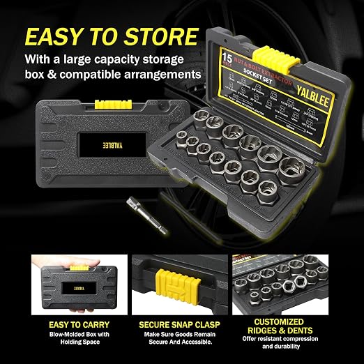 15Pcs Bolt Extractor Socket Set, Heavy-Duty Nut Socket Set, 3/8" Drive Impact Stripped Bolt Remover & Locking Lug Nut Tool for Damaged/Frozen/Rusted Bolts, Nuts & Screws, Storage Case Included