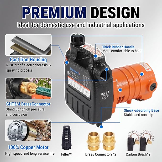 HoldwellS Cast Iron Water Transfer Pump 115V AC, 1600 GPH, 1/2HP, 120FT H | Portable Pump with Carbon Brush, Filter, Brass Connectors, for Garden, Rain Barrel, Pool, Pond, Hot Tub, Aquarium Draining