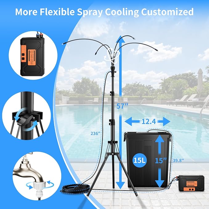 WESTTREE Standing Misters for Outside Patio, 4 Gallon Large Bucket Water Mister & Pump, 4+4 Spray Modes,Adjustable Height15FT Patio Portable Misters for Cooling Outdoor Camping Pool Backyard Garden