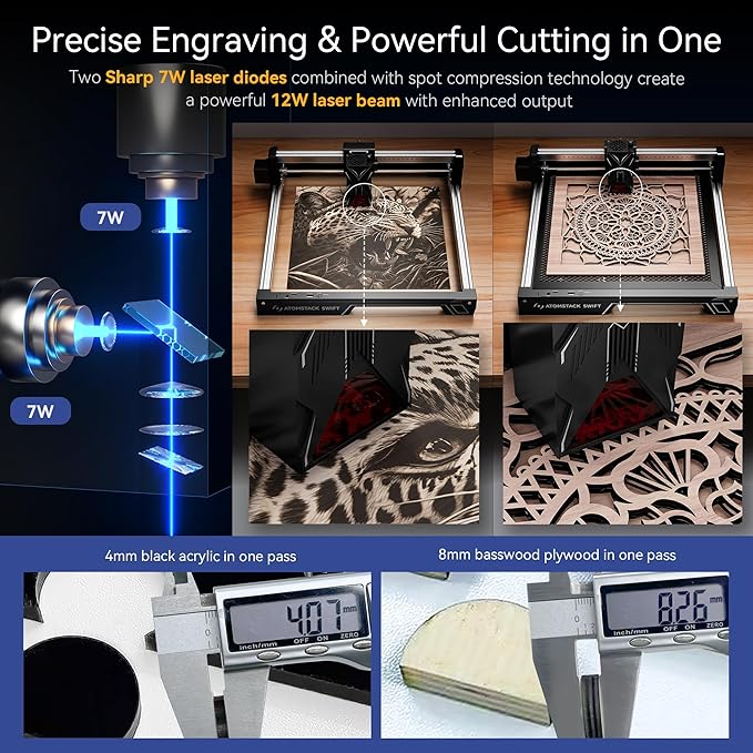 ATOMSTACK Swift 12W Laser Engraver and Cutter, 0.06mm High Accuracy Laser Engraving Machine for Wood and Metal, Dark Acrylic, DIY Laser Cutter with Eye Protection, Support Glass&Leather Engraving