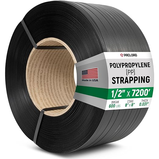 1/2" x 7200' Heavy-Duty Polypropylene (PP) Strapping Coil 0.031" Thick | 0.031" Thick Banding Strap, 8" x 8" Core, 600 lbs Break Strength - For Bundling and Packaging - Flexible, Weather Resistant