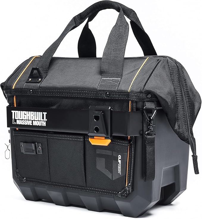 ToughBuilt ClipTech Series – 16" Massive Mouth Tool Bag, Heavy-Duty Wide-Mouth Storage Bag Rigid Frame 1680D Ballistic Fabric, Reinforced Handles Waterproof Base (TBL-CT-62-16A)
