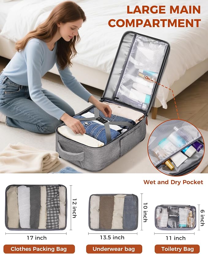 Vancropak Expandable Travel Rolling Backpack with Wheels, Airline Approved Wheeled Backpack with 3 Packing Cubes, 17 Inch Roller Carry on Luggage Suitcase Laptop Bag for Men Women, Grey