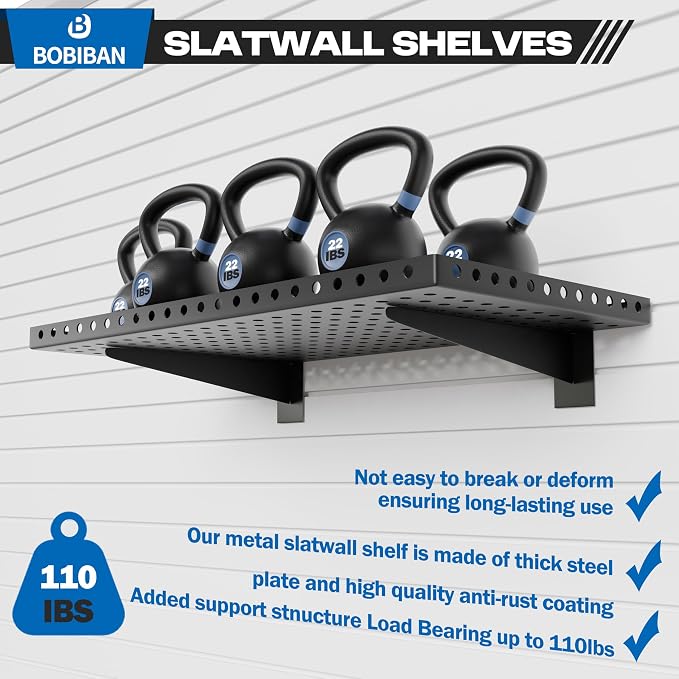 4 Pack Slatwall Shelves, Heavy Duty Black Metal Slat Wall Shelf for Retail, Garage, Home Storage, 110 lbs Load Capacity, Universal Slatwall Accessories (14 x 24 Inch-4, Black)