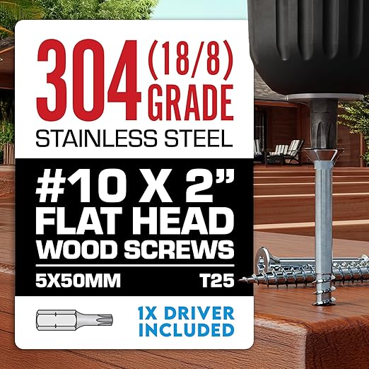 #10 x 2 Inch Stainless Steel Deck Screws | 304 Grade (1000 Pack) | Flat Head T25 Star Torx Drive | Stainless Steel Screws by Eagle Claw Fasteners | Corrosion & Rust Resistant (Includes Driver Bit)