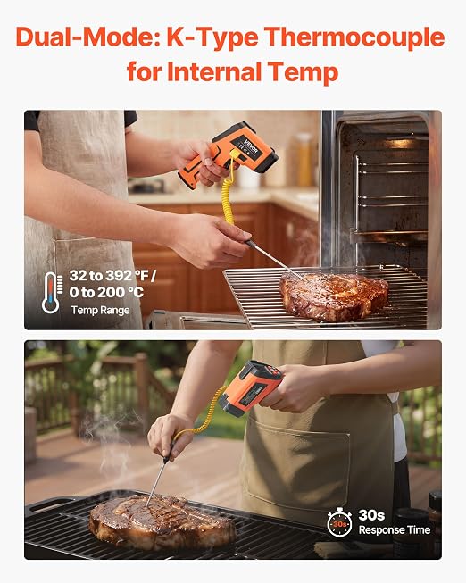 VEVOR Infrared Thermometer, -22℉ to 2912℉ Dual-Mode IR Thermometer Gun with K-Type Thermocouple, Dual Laser Heat Temperature Gun Non-Contact for Metal Smelting/Engine/Industry/Cooking (Not for Human)