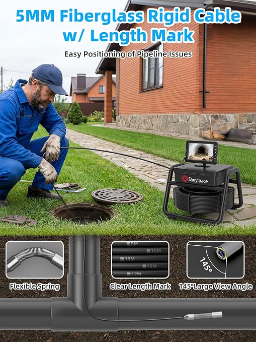 Sanyipace Sewer Camera 100FT,5" HD Screen,18mm Pipeline Inspection Camera with 8 LEDs Light,32GB DVR Function, 1080P IP68 Waterproof Camer for Drain Pipe Plumbing Sewer Line Inspection.