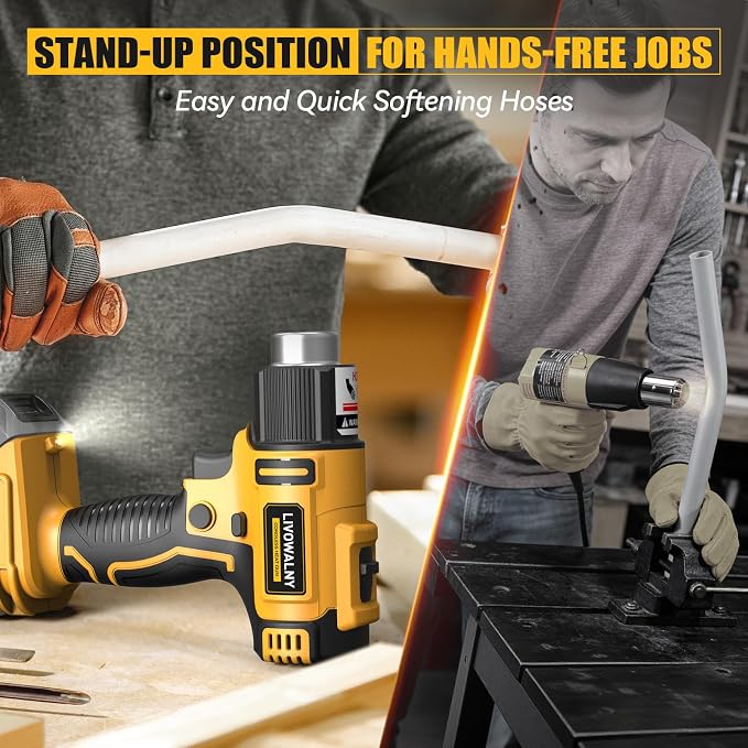 LIVOWALNY Cordless Heat Gun Compatible with Dewalt 20v Battery (Tool Only), 350W Fast Heating Soldering Hot Air Gun 122℉-1022℉ Variable Temperature Control with 5 Nozzles for DIY Craft, Shrink Tubing