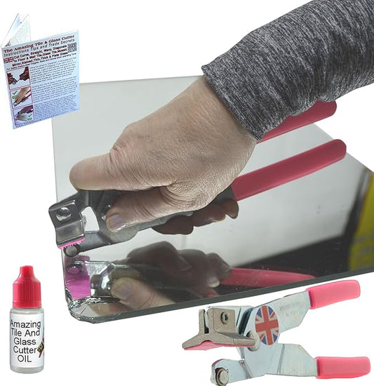 Mirror Cutter – For Thick Glass - Mirror Cutting Tool, Running Pliers Built-In for Breaking, 2-In-1 Tool inc Oil & Instructions How to Cut Glass & Tile Easily for Professional DIY Projects, Made in UK
