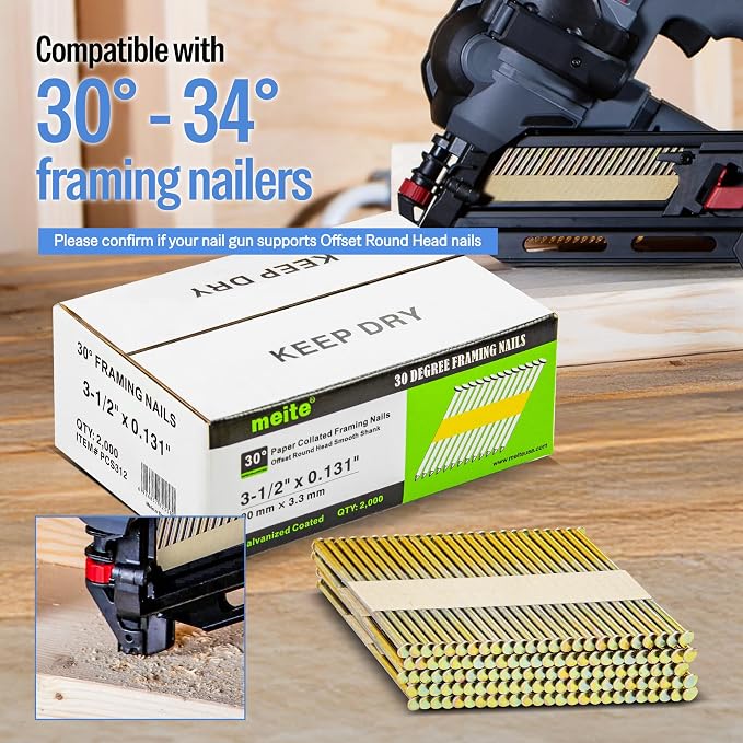 meite 30 Degree Framing Nails 3-1/2 Inch Galvanized Paper-collated 2,000PCS | Offset Round Head Framing Nails, for 30-34° Pneumatic Cordless Framing Nailers, Code Compliant, Decking Sheathing Subflooring