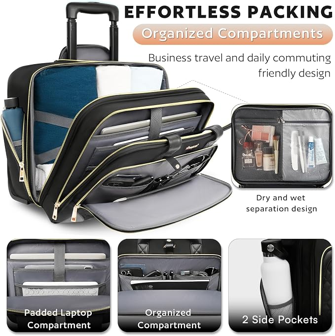 Arcoyard Rolling Laptop Bag, Rolling Briefcase for Women with Waterproof Pocket, 16 Inch Computer Bag, Underseat Carry On Luggage with Wheels for Work Travel Business, Lightweight Black