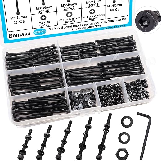 420PCS Black M3 Hex Socket Head Cap Screws, M3 x 30/35/40/45/50mm Metric Screws Bolts Nuts Washers Assortment Kit, 12.9 Grade Alloy Steel