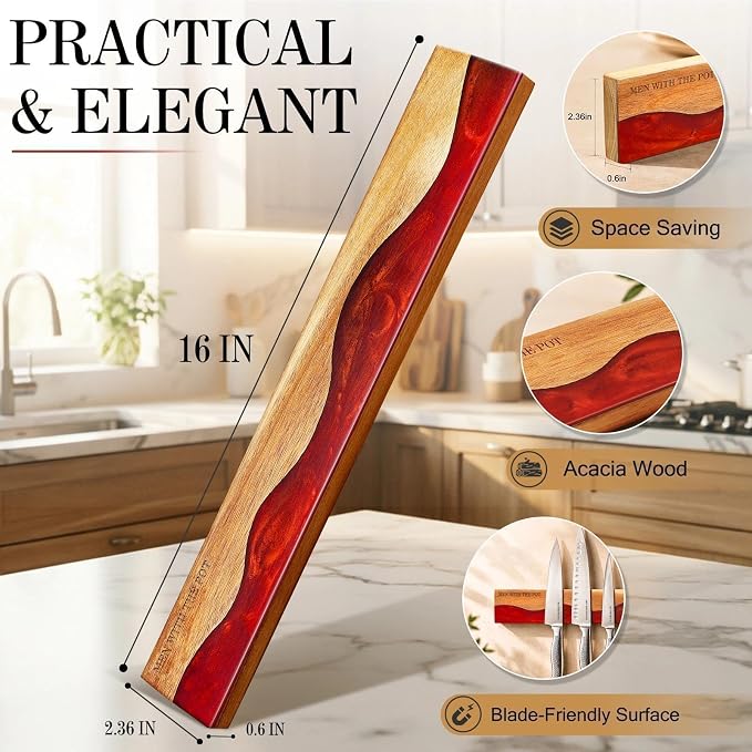 MEN WITH THE POT Magnetic Knife Strips, 16 Inch Magnetic Knife Holder for Fridge Wall, Acacia Wood & Red Resin Knife Magnetic Strip Use as Knife Bar, Knife Holder for Kitchen Utensil Organizer