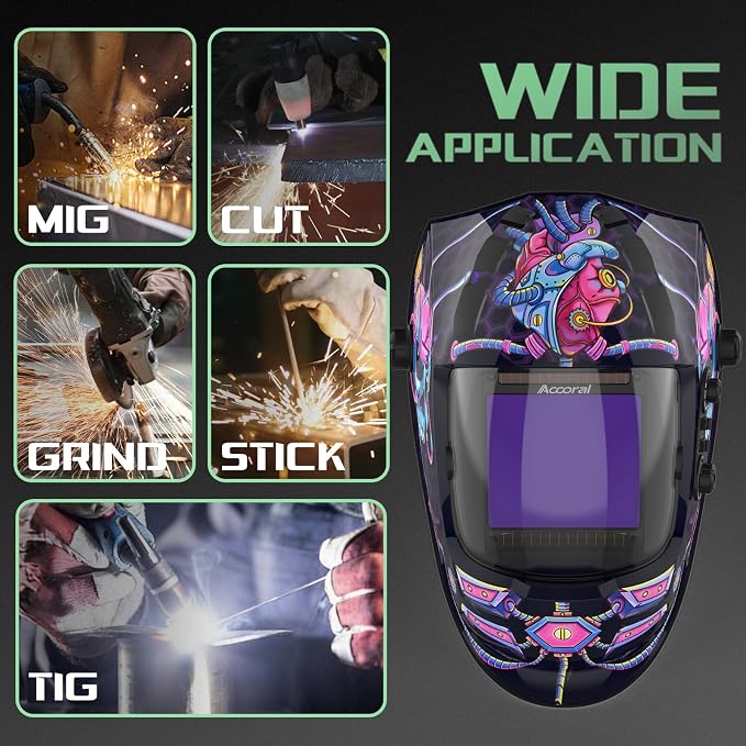 3.94" x 3.66" Large Viewing Hemispherical lense Welding Helmet, 1/1/1/1 True Color Auto Darkening Welding Hood, 4 Arc Sensor Wide Shade 4/5-9/9-13 for TIG, MIG, ARC, CUT, Grind, Mecha Style