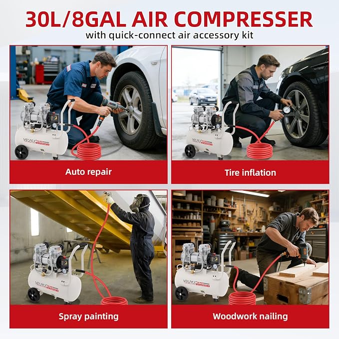 Ultra Quiet Air Compressor, Only 68dB, 8 Gallon Tank, Oil-Free, 110V/60Hz 2.15HP, 9.04CFM@115PSI, Air Compressor Perfect for Spray Painting, Auto Repair, Tire inflation, Woodwork nailing