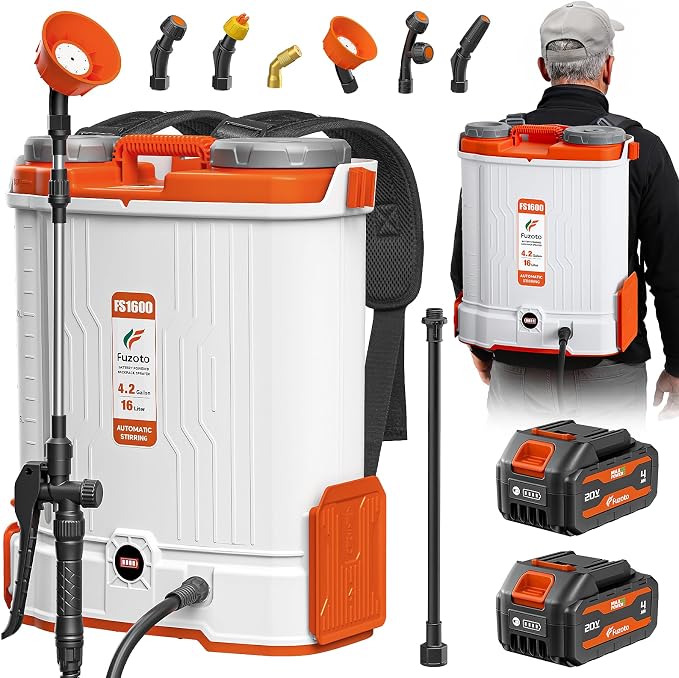 4.2 Gallon Battery Powered Backpack Sprayer for Lawn, Garden, Yard | Built-in Mixing System,45-90PSI Adjustable Pressure,6 Hours Long Battery Life,6 Spray Nozzles,39" Telescopic Wand