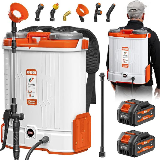 4.2 Gallon Battery Powered Backpack Sprayer for Lawn, Garden, Yard | Built-in Mixing System,45-90PSI Adjustable Pressure,6 Hours Long Battery Life,6 Spray Nozzles,39" Telescopic Wand