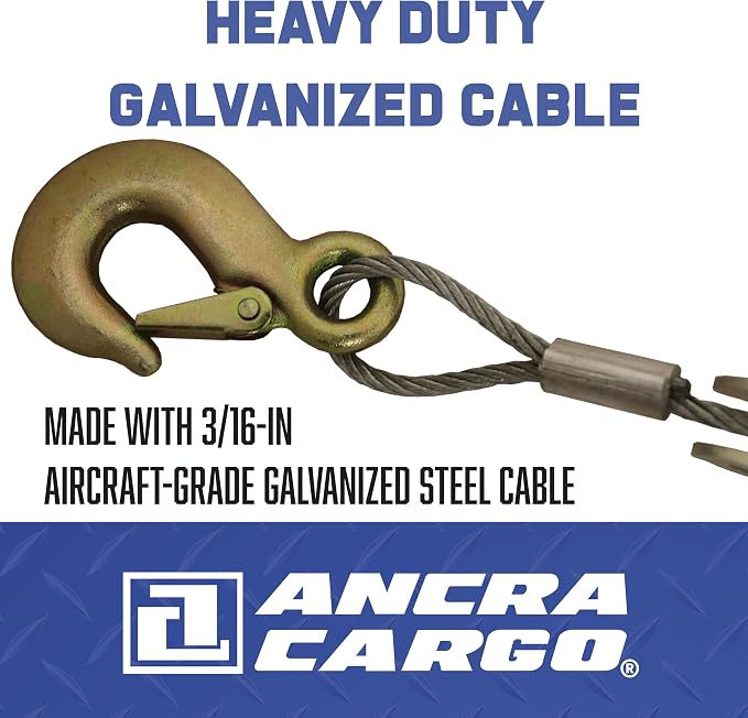 Ancra Cargo Cable Puller, Single Line 1-Ton Standard, 3/16" Aircraft Grade Galvanized Steel Cable, Drop-Forged Steel Slip Hooks with Included Safety Latch