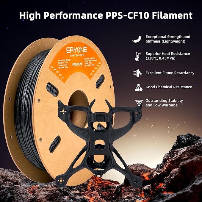 ERYONE Fiberon PPS-CF10 Filament 1.75mm 0.5kg, Extreme Heat Resistance - Fiberon Carbon Fiber Reinforced PPS 3D Printing Filament Ideal for Molding, Black