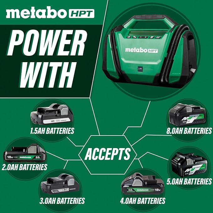 Metabo HPT 18V MultiVolt Cordless Dual Function Inflator, Portable Air Inflator with High Pressure and High Volume Modes, 160 PSI Max Pressure, LED Light, Tool Body Only, UP18DAQ4
