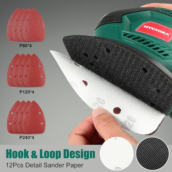 HYCHIKA Detail Sander, 14,000 OPM Compact Electric Sander Tool with 12 Pcs Sandpapers,Efficiency Dust Collection System,Suitable for Tight Spaces Sanding,Polishing,Removing Paint in Home Decoration