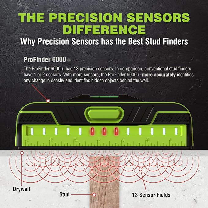 Franklin Sensors ProSensor T13 Stud Finder with 13-Sensors, Wood & Metal Stud Detector/Wall Scanner for Drywall, Built-in Bubble Level, Green