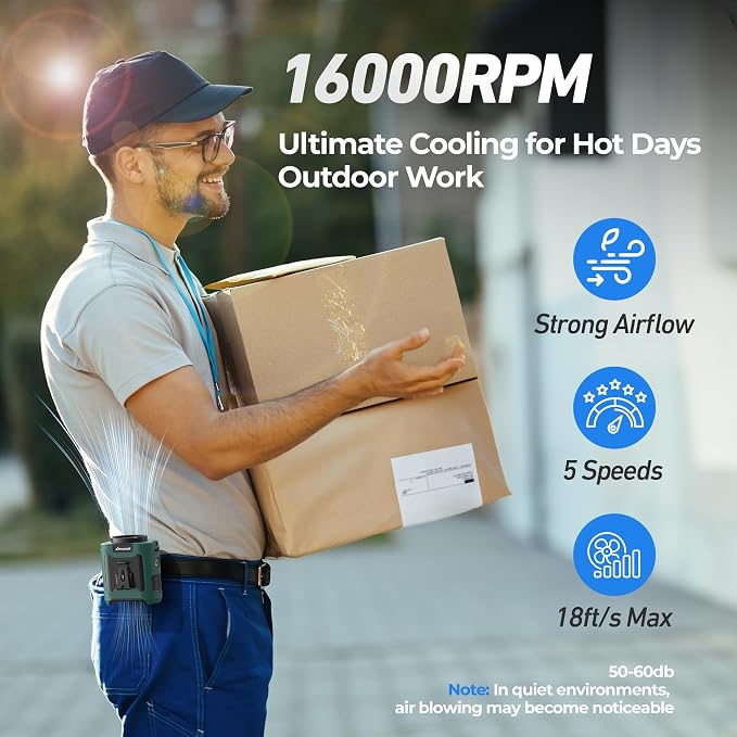AMACOOL Portable Waist Fan Clip On, MAX 40H Work Time, 10000mAh Rechargeable Wearable Shirt Fan with Light, 16000RPM Powerful 5 Speeds Belt Fans Personal Cooling Fans for Outdoor Jobsite Travel