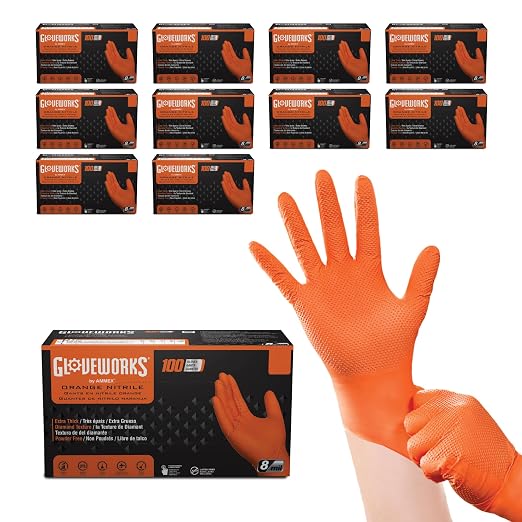 GLOVEWORKS 8 Mil Orange Nitrile Disposable Gloves Heavy Duty Industrial RDT for Mechanic & Automotive Medium 10 Boxes of 100