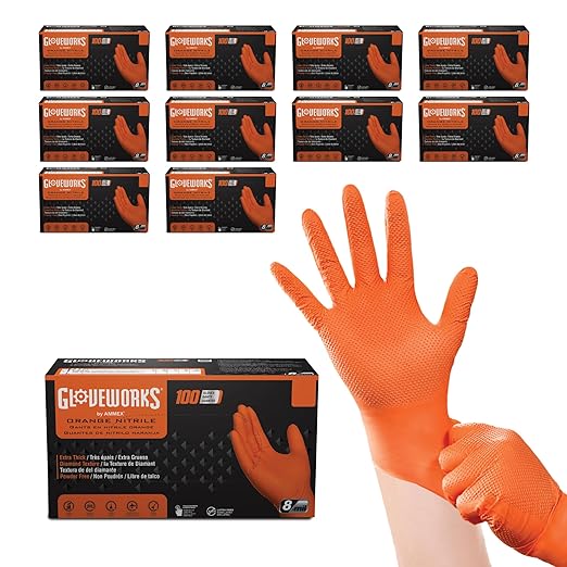 GLOVEWORKS 8 Mil Orange Nitrile Disposable Gloves Heavy Duty Industrial RDT for Mechanic and Automotive Small 10 Boxes of 100