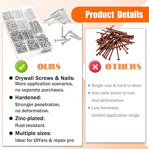 Dianrui Nails & Wood Screws Assortment Kit, 320 PCS #6#8 Philips Drywall Screws Set and High Hardness Hardware Small Nails for Picture Hanging/DIY Repair Project Length 1/2" to 2"